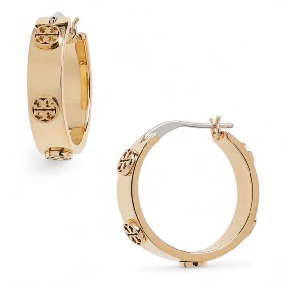 NWT Tory Burch Thin Icon Hoop Earrings Gold - Picture 1 of 2